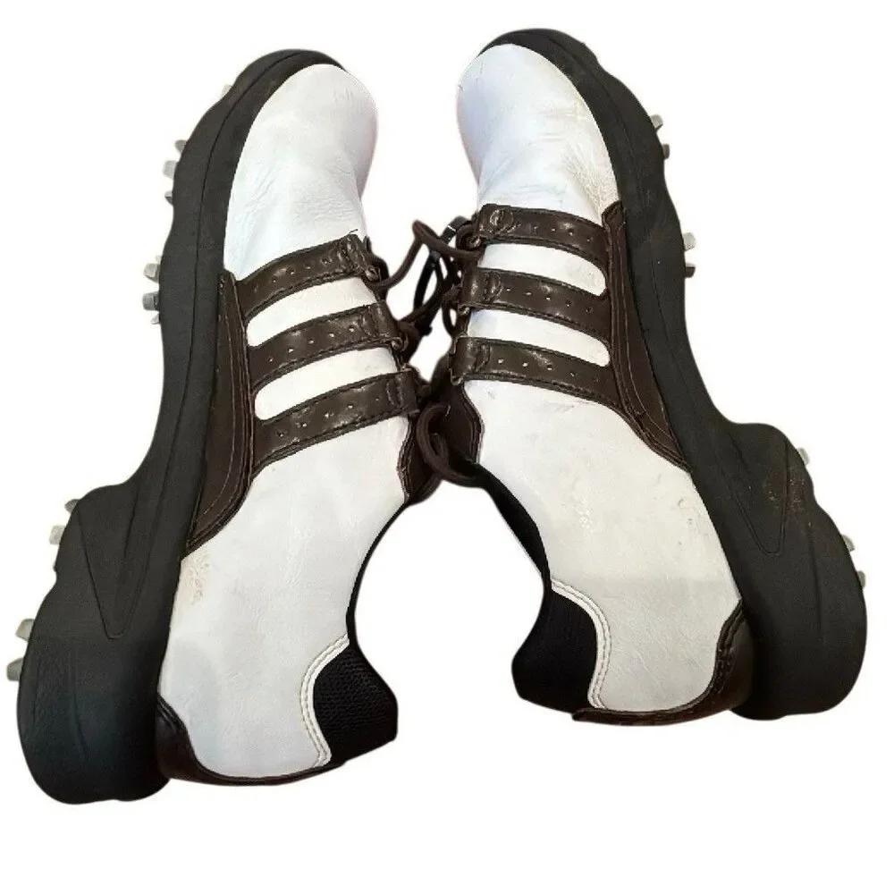 adidas Adipure Men's Golf Shoes Leather Spiked Lace Up White Brown Black size 9